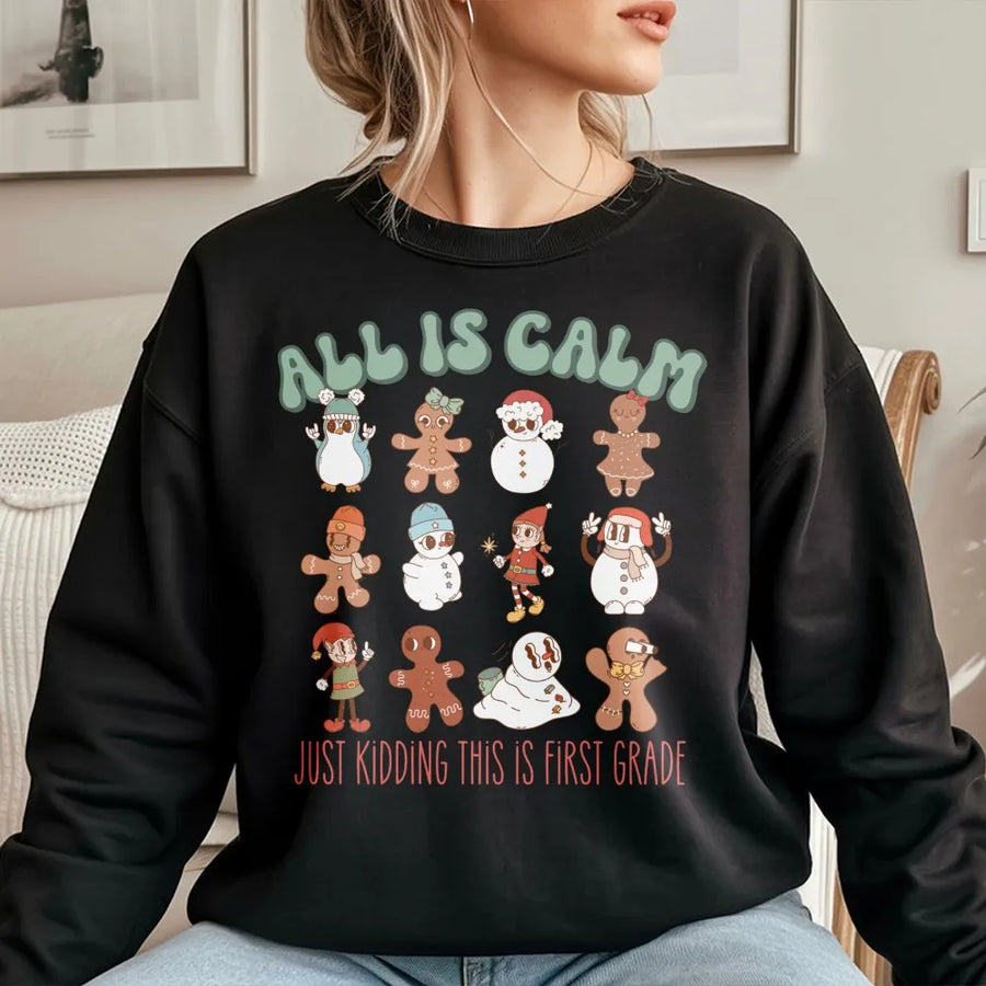 First Grade Teacher Sweatshirt | Retro Christmas Gingerbead Design | Cozy Cotton Blend Crewneck | Holiday School Staff Gift Idea