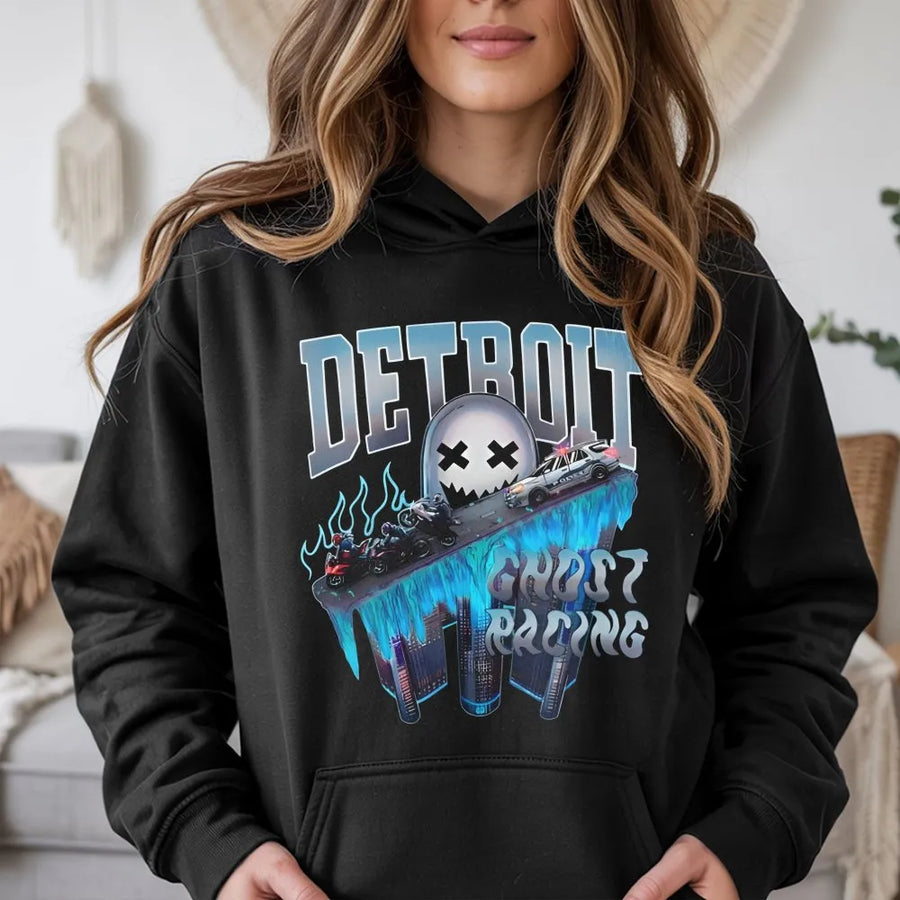 Detroit Ghost Racing Hoodie | Streetwear Biker Graphic Pullover | Premium Cotton Blend | Edgy Urban Gift For Men and Women
