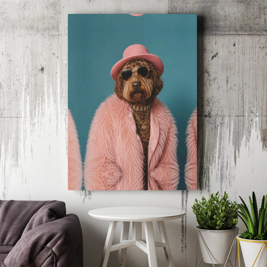 Funny Dog in Pink Fur Coat Vertical Canvas | Whimsical Goldendoodle with Hat & Sunglasses Art Print | 1.25" Gallery Wrap Matte Canvas | Hilarious Pet Lover Gift & Quirky Wall Decor