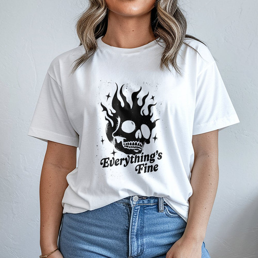 Everything Is Fine Graphic T-Shirt | Sarcastic Burning Skull Design | Premium Cotton Retro Style | Edgy Gift for Goth and Alt Fashion Lovers