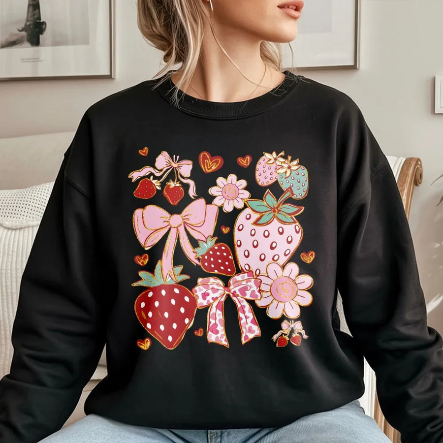 Strawberry Coquette Sweatshirt | Aesthetic Cottagecore Graphic Print | Soft Cotton Blend Unisex Pullover | Cute Birthday Gift For Her