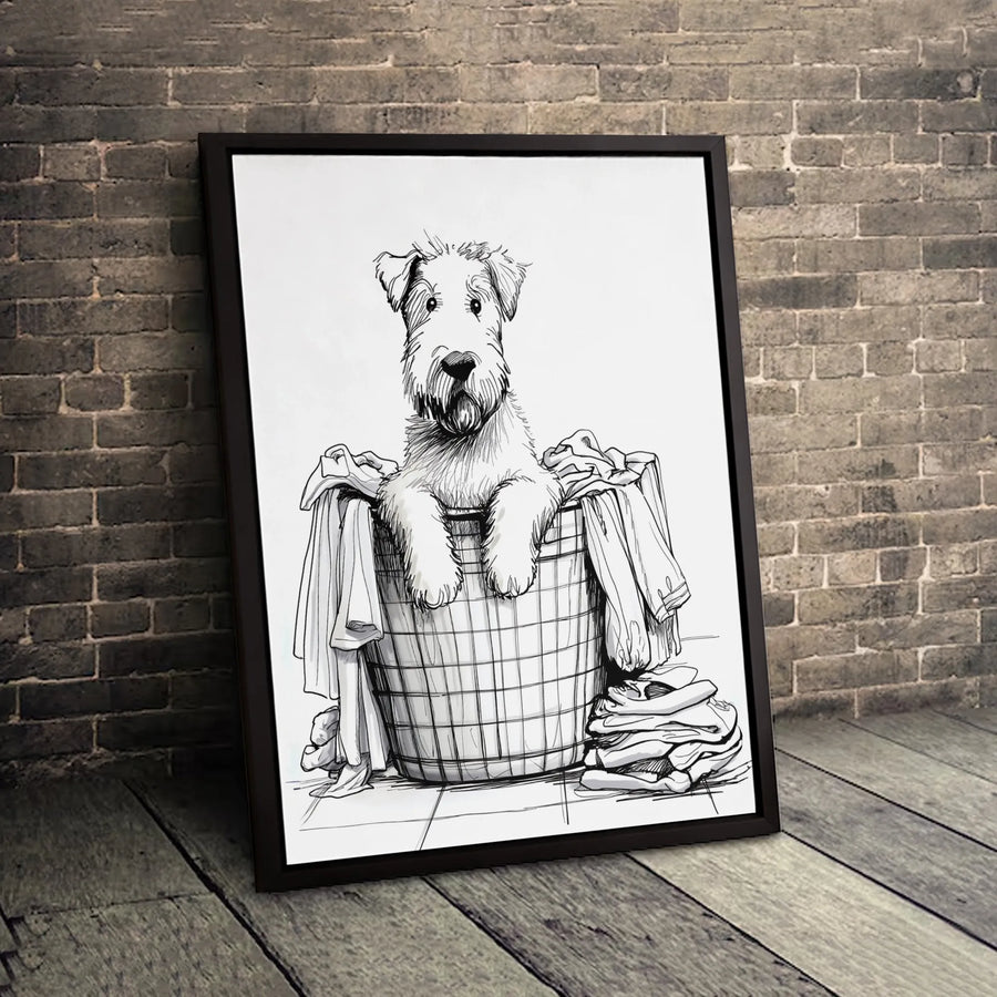 Terrier Dog Wall Art | Hand-Drawn Sketch In Laundry Basket | 1.25" Premium Gallery Wrapped Canvas | Charming Animal Home Decor Gift