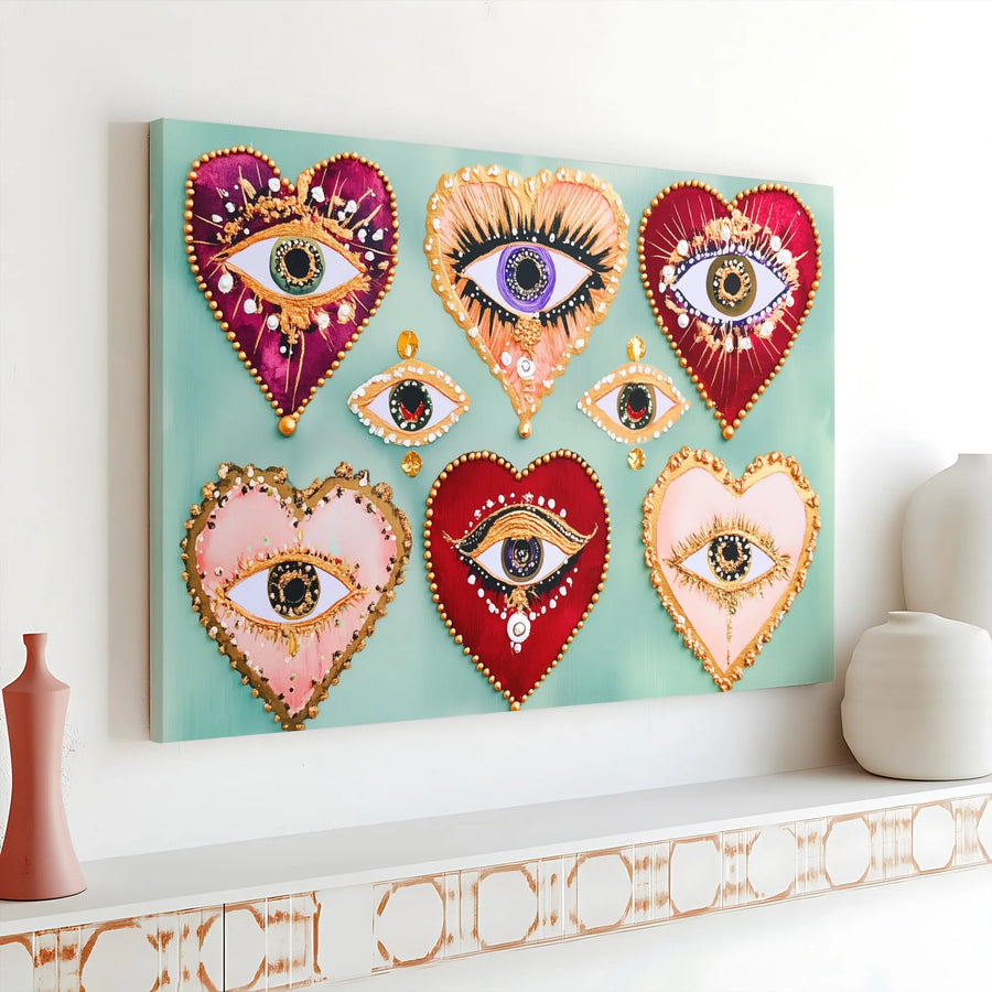 Evil Eye Heart Canvas Wall Art | Bohemian Sacred Hearts Print with 3D Effect | Premium Fade-Resistant Ink | Spiritual Home Decor Gift for Her