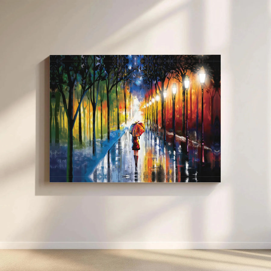 Rainy Street Canvas Wall Art | Colorful Woman With Umbrella Painting | Premium Gallery Wrap Print | Modern Living Room Home Decor