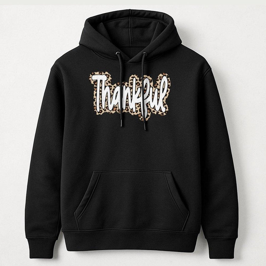Thankful Hoodie | Leopard Print Typography Graphic | Premium Cotton Blend | Thanksgiving Fall Gift For Women And Men