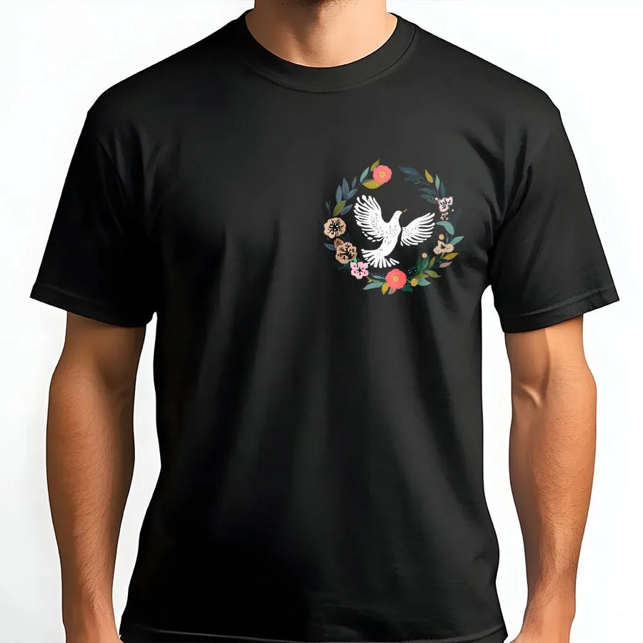 Peace Dove T-Shirt | Floral Wreath Botanical Print | Soft Cotton Blend Unisex Crewneck | Premium Spiritual Gift for Nature Lovers