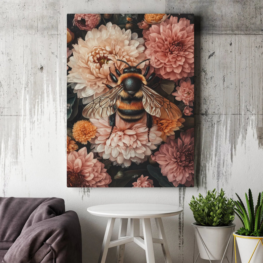 Bumblebee Canvas Wall Art | Moody Floral Botanical Illustration | Premium Fade-Resistant Gallery Wrap | Elegant Nature Decor for Home and Office