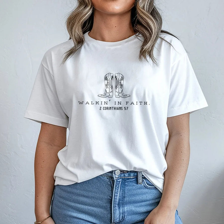 Walkin In Faith Shirt | Christian Western Cowboy Boots Graphic | Premium Comfort Colors Tee | Bible Verse Gift for Men & Women