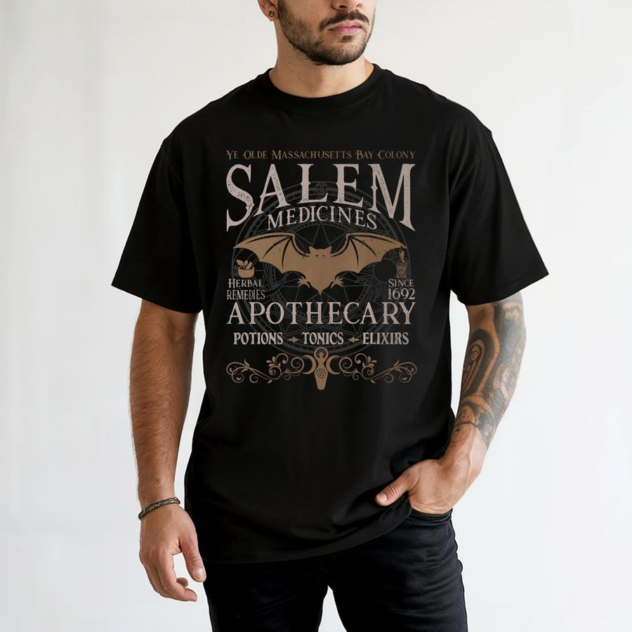 Salem Apothecary T-Shirt | Vintage Witchcraft Herbal Remedies Graphic | 100% Cotton Premium Tee | Spooky Halloween Gift for Witches