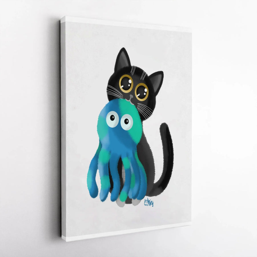 Cute Black Cat Vertical Canvas | Whimsical Art Print with Octopus Toy | Premium Gallery Wrapped Wall Art | Nursery Decor Gift for Kids & Cat Lovers