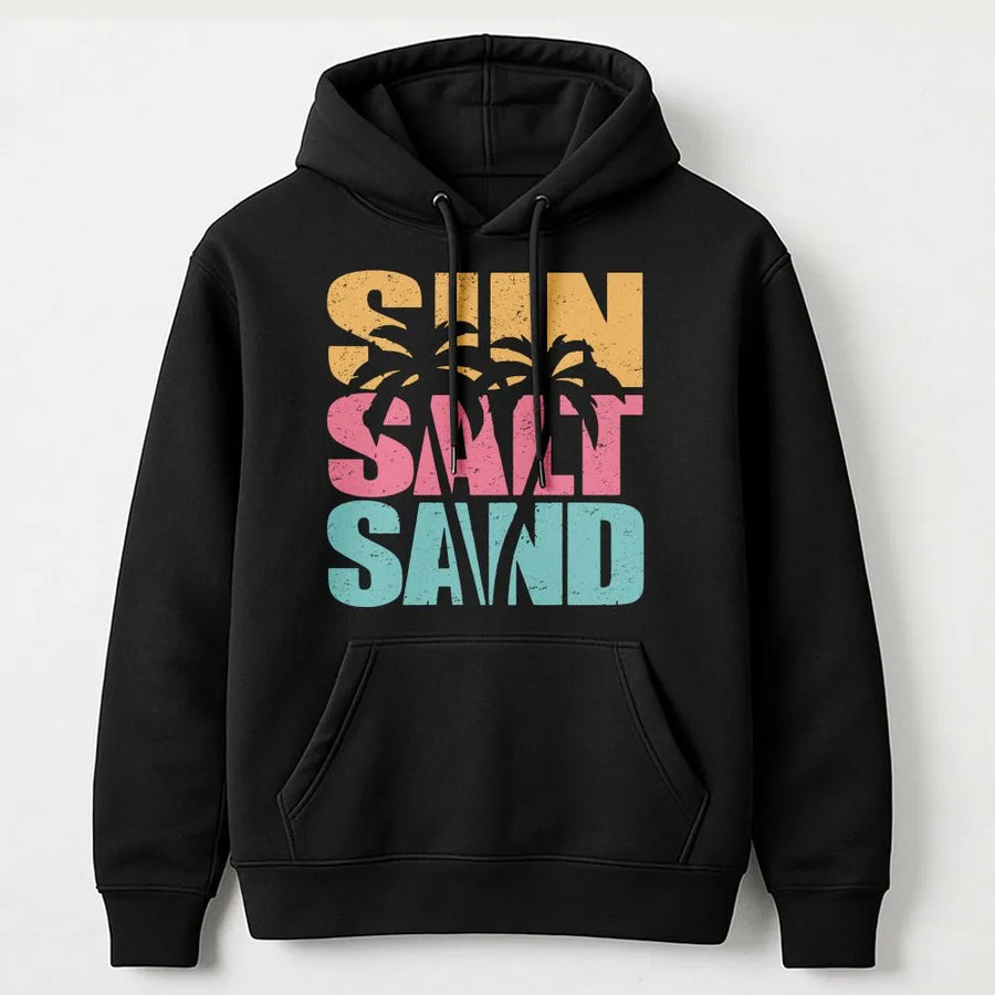 Sun Salt Sand Beach Hoodie | Retro Palm Tree Graphic | Cozy Cotton Blend Pullover | Summer Vacation Gift for Women