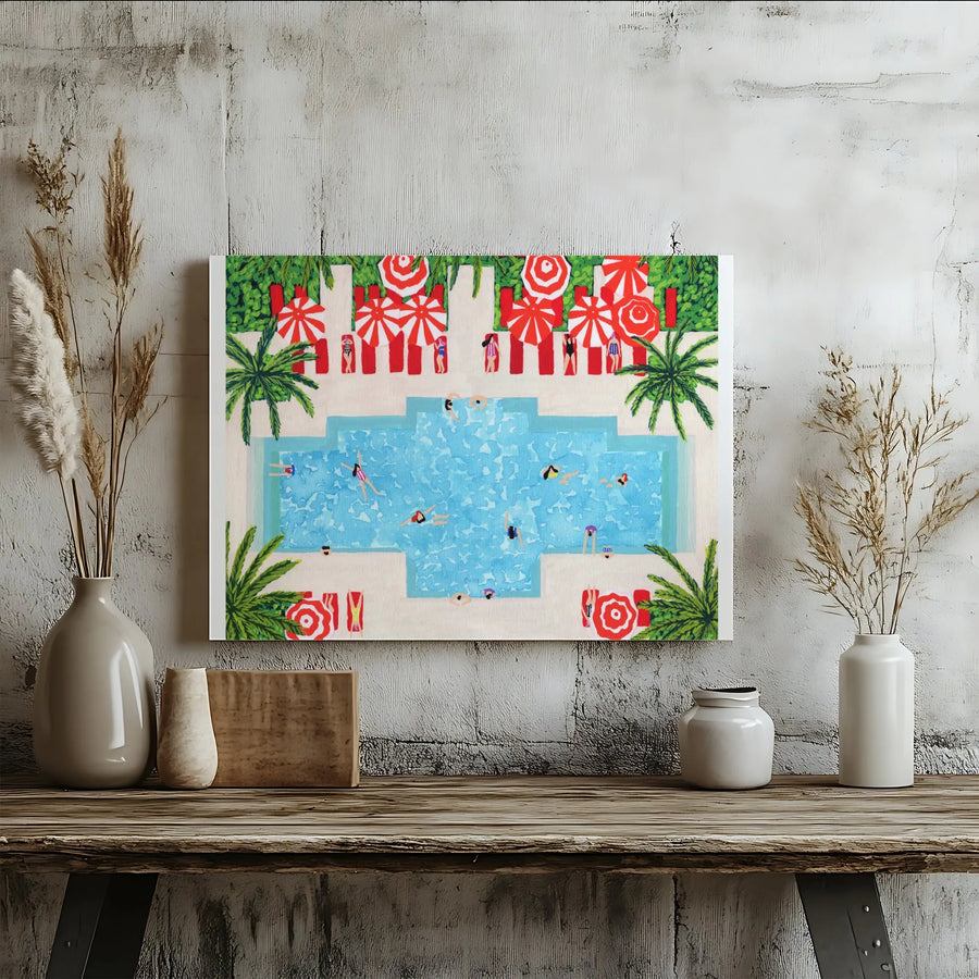 Miami Poolside Canvas Wall Art | Vintage Aerial View Pool Scene | Premium Canvas Print | Collector's Beach House Decor