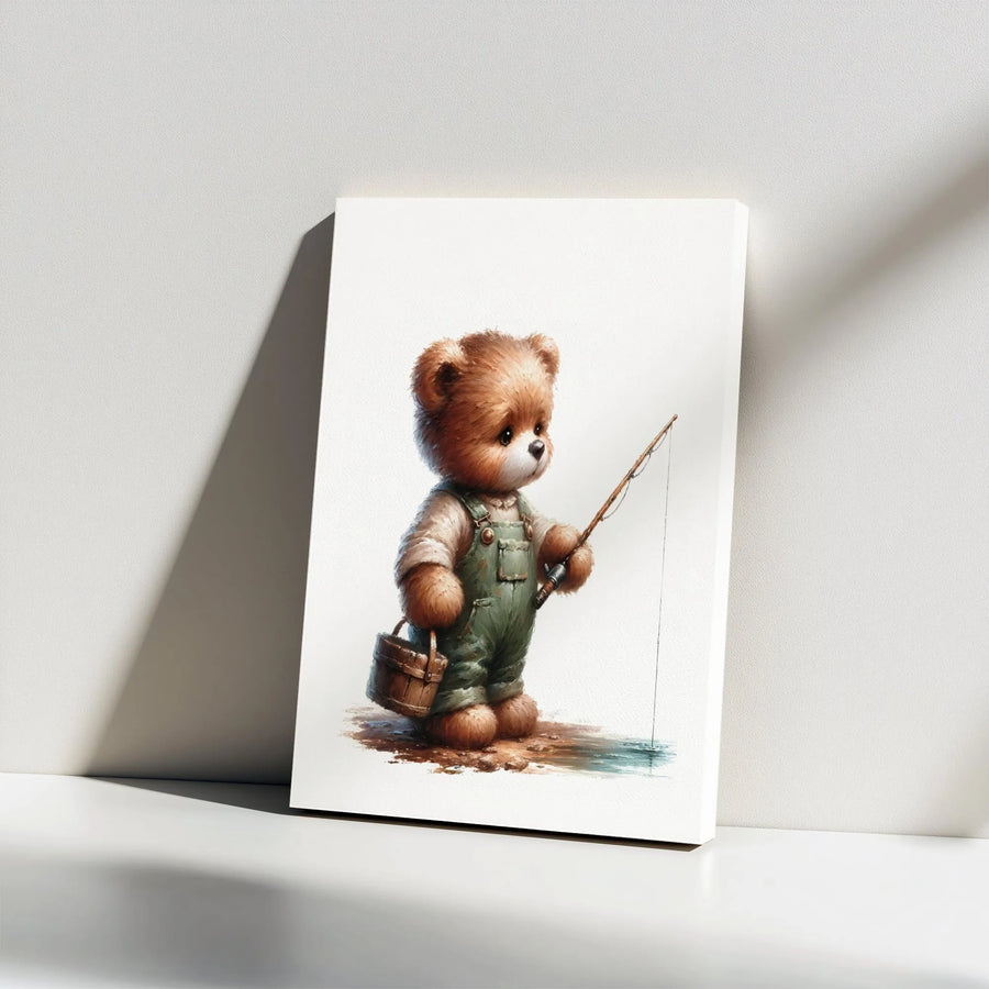 Cute Fishing Bear Canvas Art | Whimsical Wildlife Nursery Wall Decor | Premium 1.25" Gallery Wrap | Perfect Gift for Kids and Animal Lovers