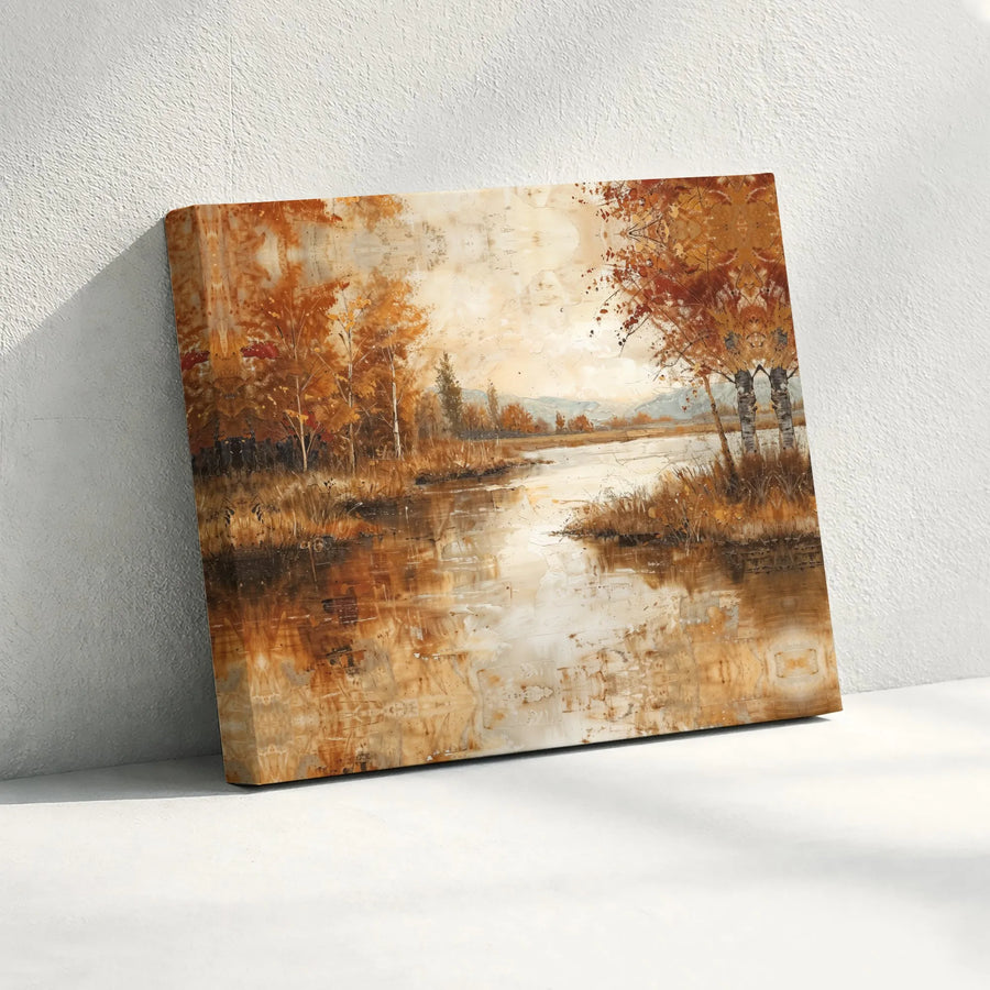 Autumn Landscape Canvas Art | Abstract Birch Tree River Print | Gallery Quality Framed Wall Decor | Warm Seasonal Farmhouse Home Accent