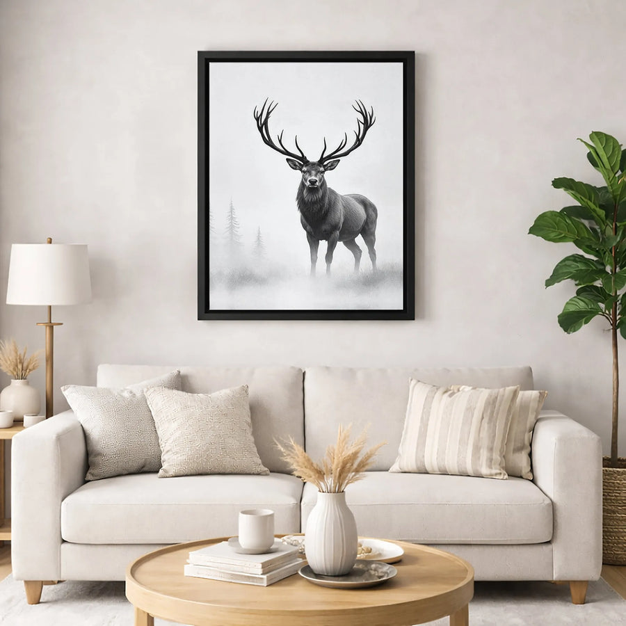 Stag Canvas Wall Art | Majestic Deer in Misty Forest Portrait | Premium 1.25" Gallery Wrap | Modern Farmhouse Living Room Decor Gift