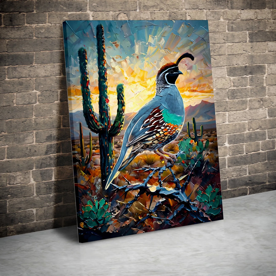 Desert Quail Wall Art | Impasto Saguaro Cactus Canvas Print | 1.25 Inch Gallery Wrap | Southwestern Home Decor Gift
