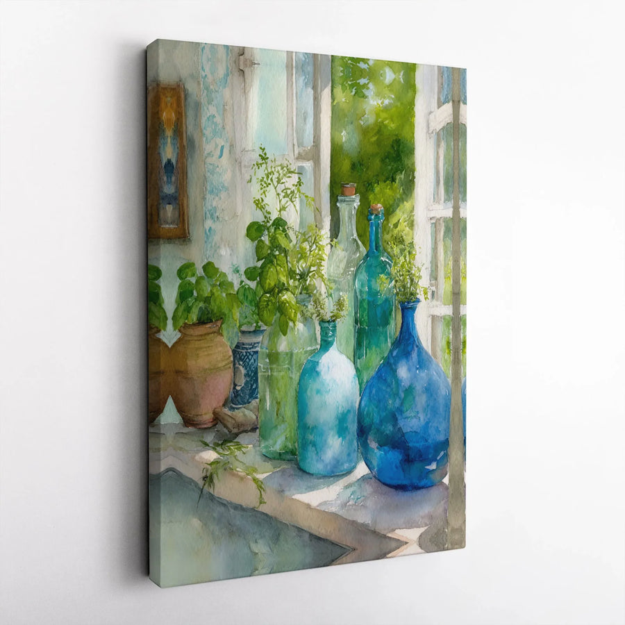 Watercolor Bottles Canvas Print | Sunlit Windowsill Still Life Art | Premium Gallery Wrapped Canvas | Farmhouse Kitchen & Dining Room Decor Gift