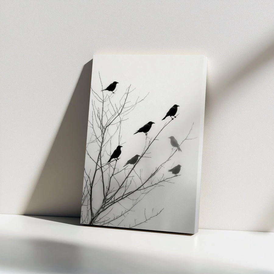 Black Crow Wall Art Canvas | Moody Foggy Tree Nature Photography | 1.25 Inch Gallery Wrap | Minimalist Modern Home Decor Gift