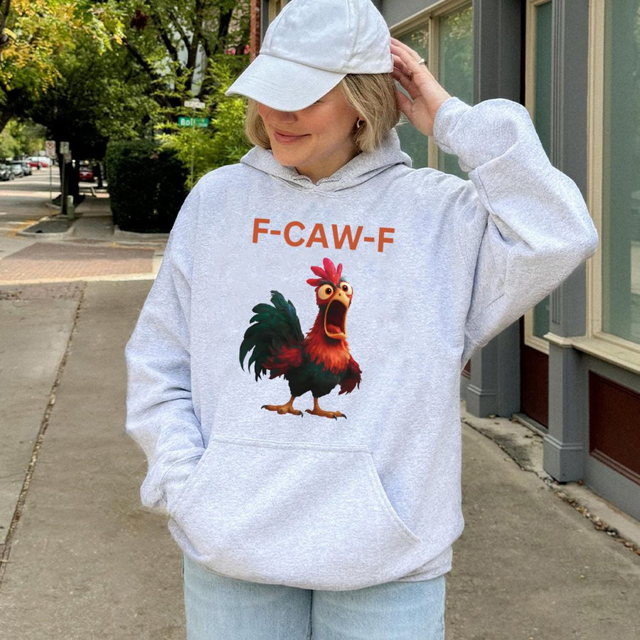 Funny Rooster Hoodie | F-Caw-F Sarcastic Chicken Graphic | Soft Cotton-Polyester Blend | Witty Gift for Farmers and Poultry Lovers