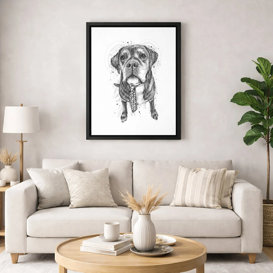 Dog Wearing A Tie Canvas Print | Whimsical Sketch Portrait Wall Art | Gallery-Quality 1.25 Inch Profile | Unique Pet Lover Gift & Home Decor