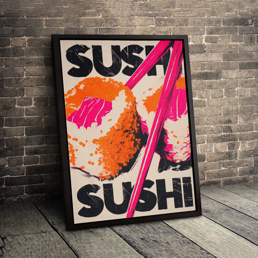 Sushi Wall Art Canvas | Pop Art Food Print with Pink Chopsticks | 1.25-Inch Gallery Wrap | Modern Kitchen & Dining Decor