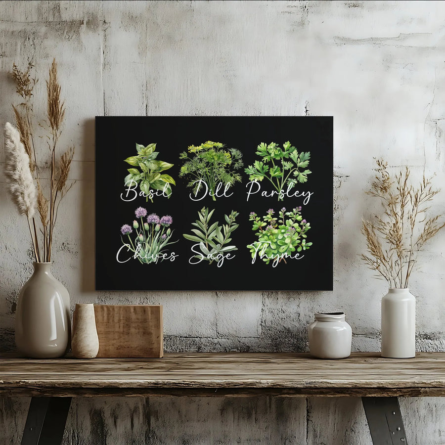 Kitchen Herbs Canvas Wall Art | Watercolor Botanical Herb Chart | Premium Gallery Wrapped Canvas | Modern Farmhouse Decor Gift for Home Chef