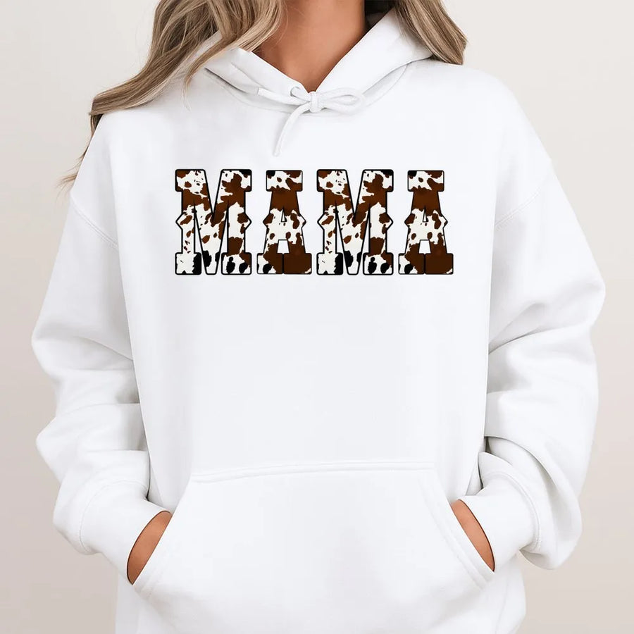 Mama Cow Print Hoodie | Retro Varsity Western Style | Premium Cotton Blend | Aesthetic Country Gift for Mothers