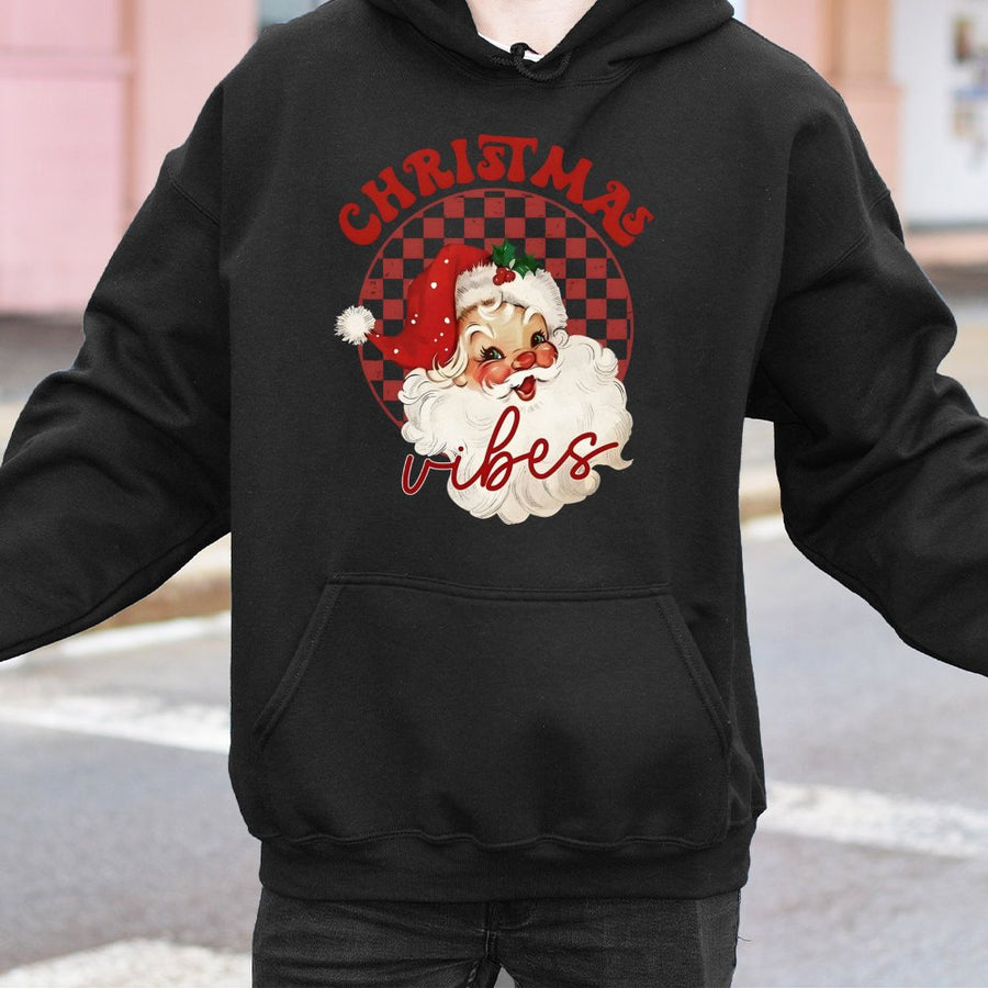 Christmas Vibes Hoodie | Retro Santa Graphic with Buffalo Plaid | Premium Cotton-Blend Sweatshirt | Festive Holiday Gift for Women and Men