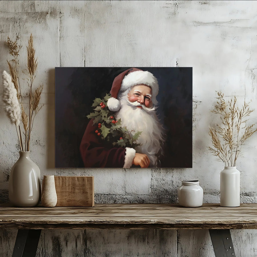 Vintage Santa Claus Wall Art | Classic Holly Wreath Portrait | Premium Gallery-Wrapped Canvas | Festive Holiday Home Decor Gift