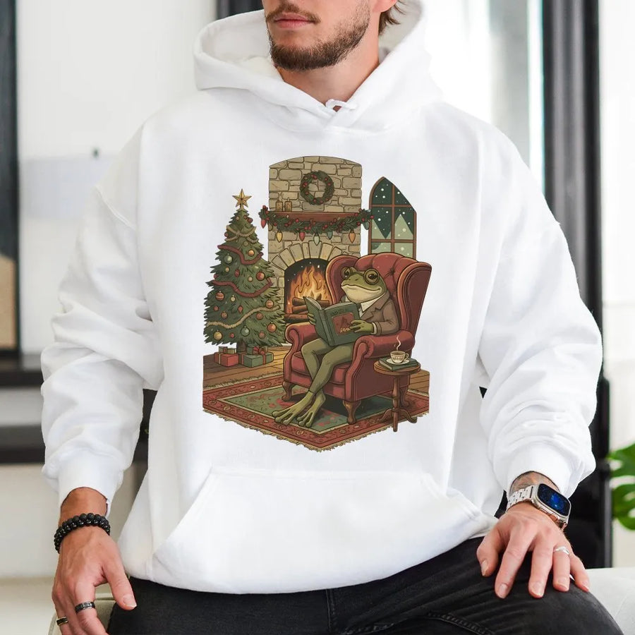 Reading Frog Hoodie | Cozy Christmas Bookish Design | Premium Cotton Blend | Funny Holiday Gift for Book Lovers and Readers