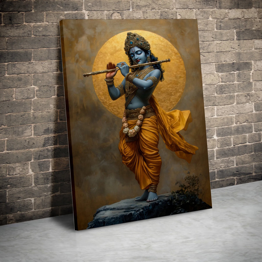 Lord Krishna Wall Art | Hindu God Playing Flute Canvas Print | Premium Fade-Resistant Gallery Wrap | Spiritual Home Decor Gift