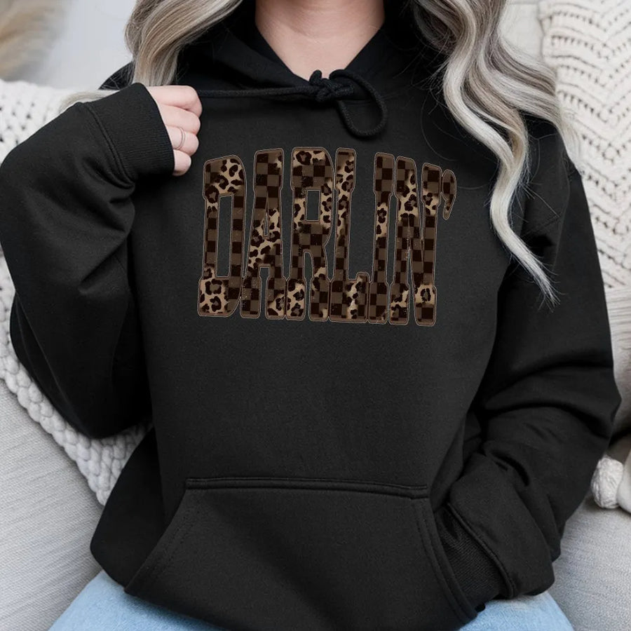 Darlin' Western Hoodie | Leopard & Checkered Graphic Sweatshirt | Premium Cotton-Blend | Southern Cowgirl Gift for Country Music Fans