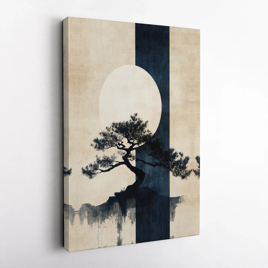 Japanese Zen Bonsai Tree Wall Art | Minimalist Moon Silhouette Print | Premium Gallery Wrapped Canvas | Serene Home Decor for Living Room