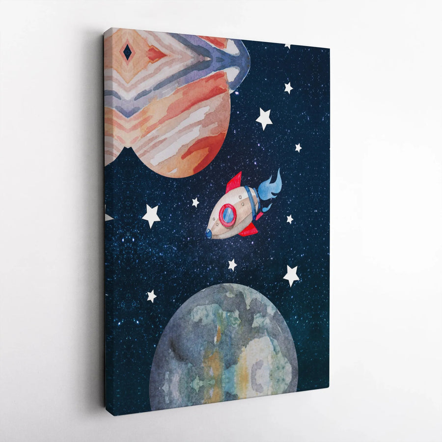 Watercolor Rocket Ship Canvas Art | Outer Space Nursery Wall Decor | Gallery Wrapped Premium Print | Kids Room Gift For Boys And Girls