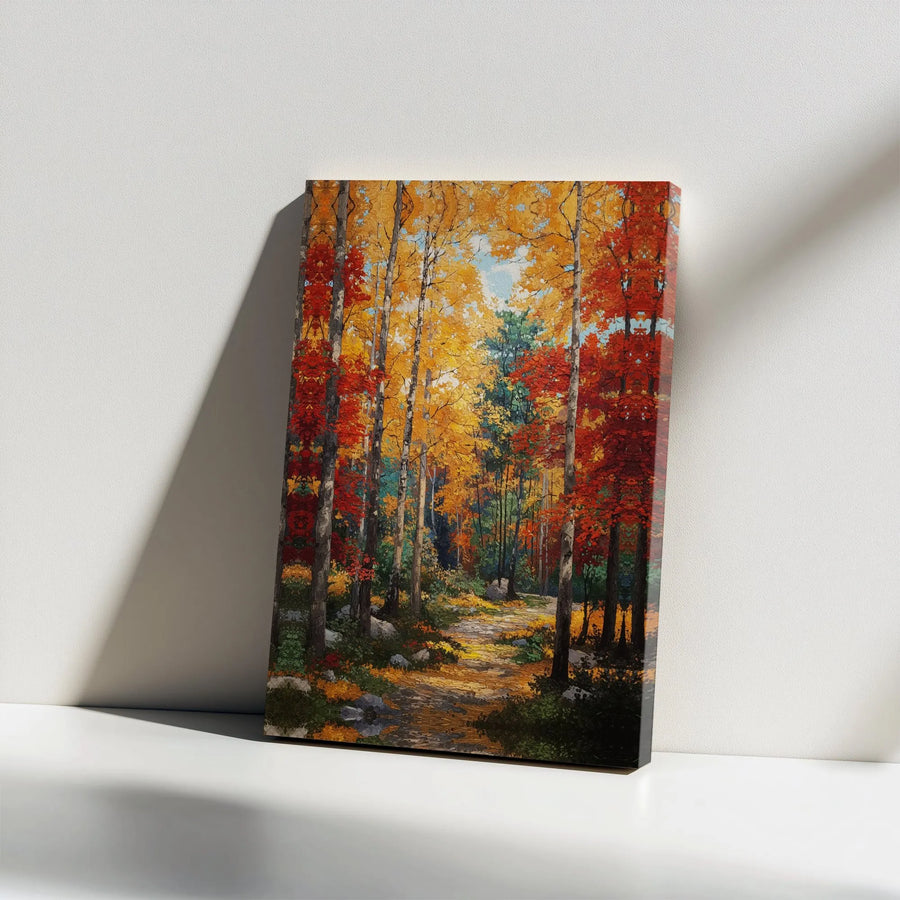 Autumn Forest Canvas Wall Art | Impressionist Birch Tree Path | Premium Gallery Wrapped | Nature Home Decor Gift for Living Room