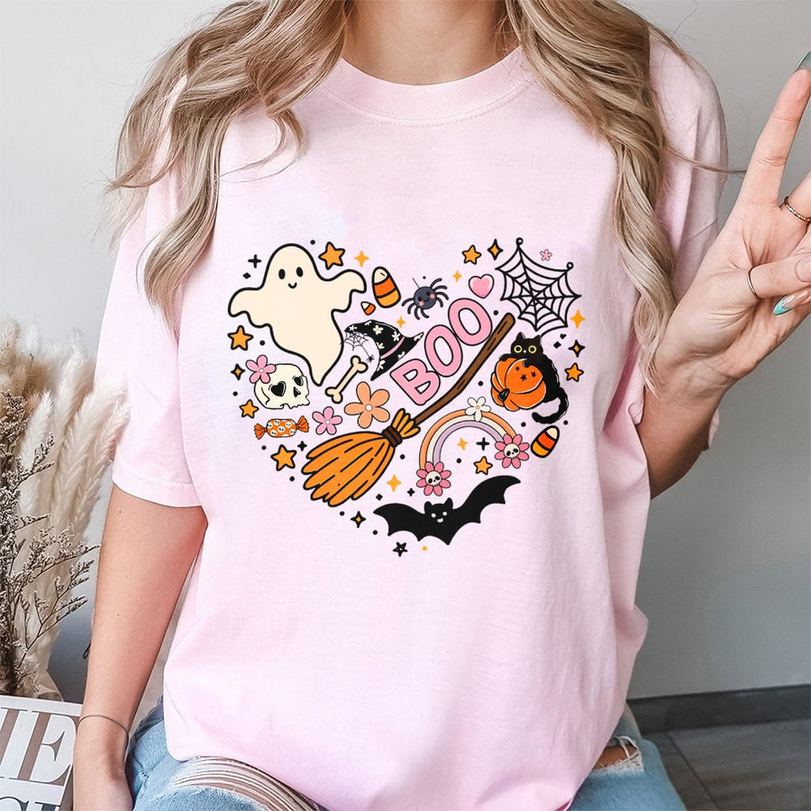 Halloween Heart Graphic T-Shirt | Spooky Ghost and Witch Hat Print | 100% Cotton Premium Tee | Cute Fall Festival Gift for Women and Girls