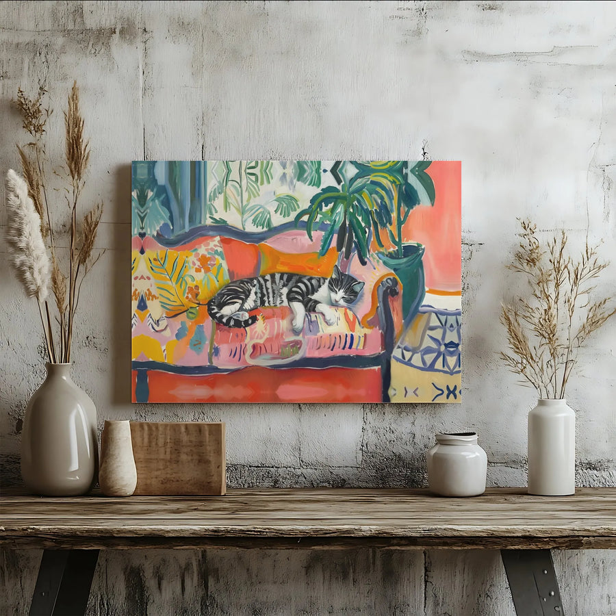 Sleeping Tabby Cat Wall Art | Colorful Matisse Style Painting | Premium Gallery Wrap Canvas | Whimsical Animal Decor Gift for Cat Lovers