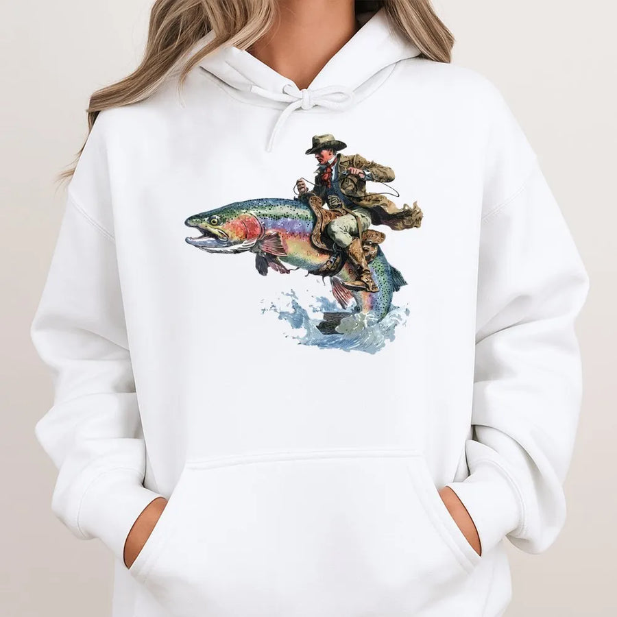 Cowboy Riding Fish Hoodie | Funny Western Trout Fishing Graphic Tee | Soft Cotton Unisex Top | Unique Gift for Angler