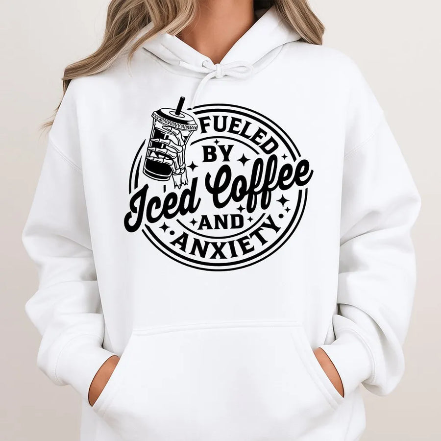 Fueled By Iced Coffee And Anxiety Hoodie | Funny Mental Health Humor Graphic Tee | Premium Comfort Colors® Cotton | Sarcastic Gift for Her