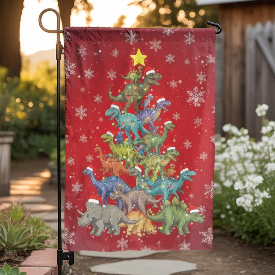 Dinosaur Christmas Tree Garden Flag | Festive T-Rex Holiday Yard Decor | Durable Premium Polyester | Unique Seasonal Gift for Dino Lovers