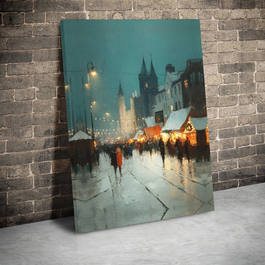 Snowy Christmas Market Canvas Wall Art | Impressionist Winter Street Scene | Premium Gallery Wrap Print | Festive Holiday Home Decor