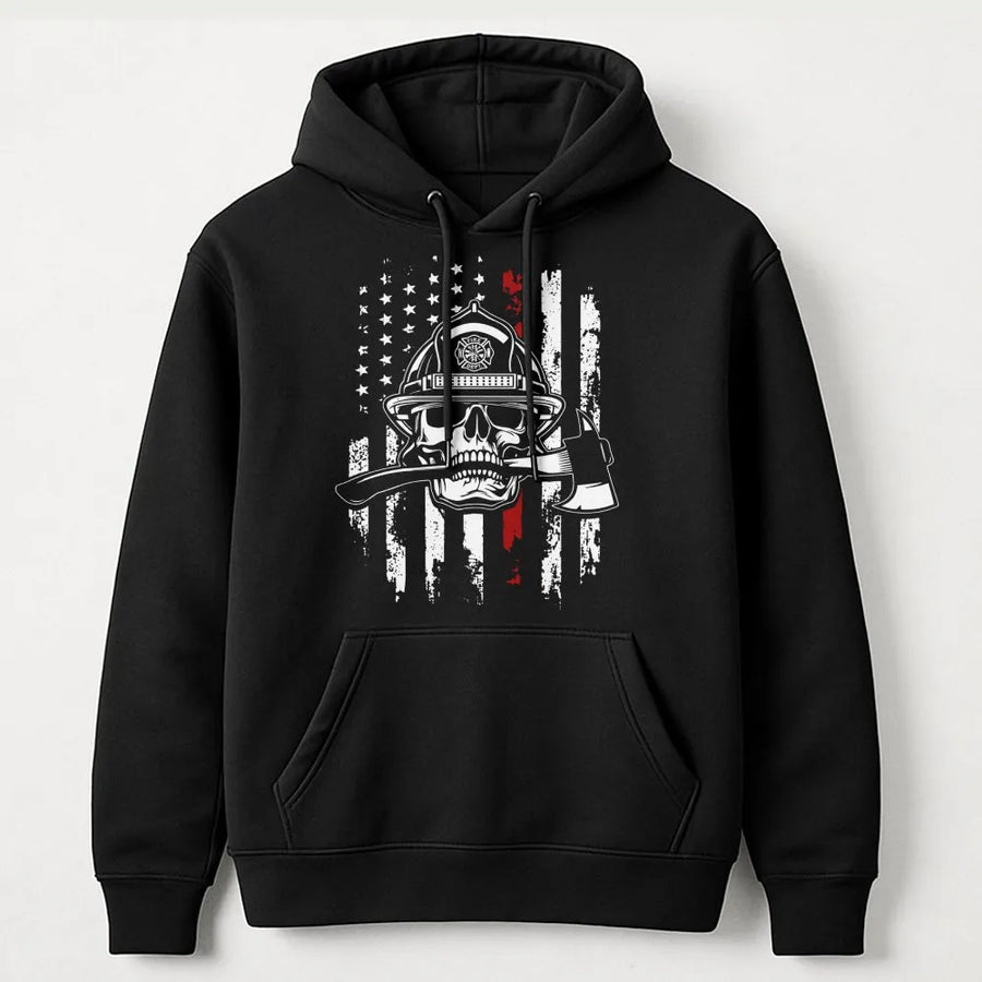 Firefighter Skull Hoodie | Thin Red Line Flag With Axe Graphic | Premium Cotton Blend | Gift For Fireman Fire Department Support