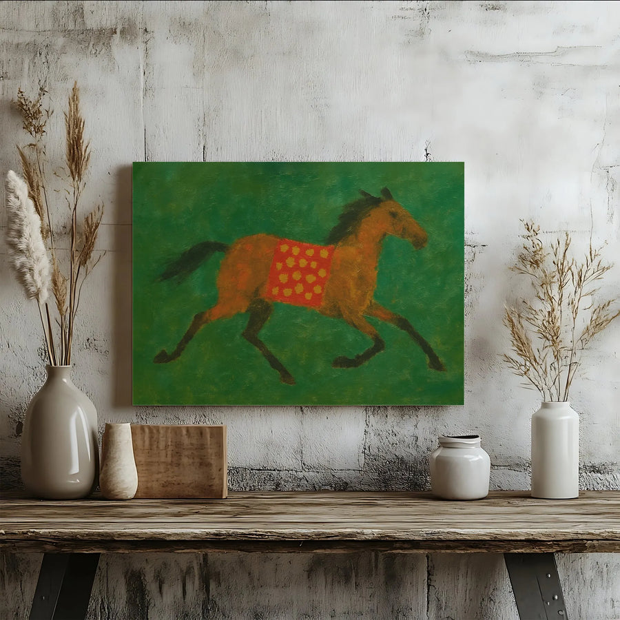 Running Horse Canvas Wall Art | Whimsical Folk Art Equestrian Print | Gallery-Wrapped Premium Canvas | Rustic Farmhouse Home Decor Gift