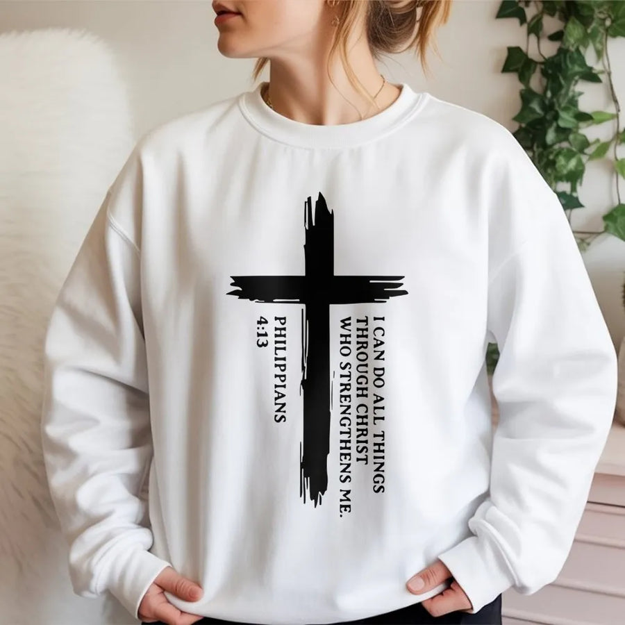 Philippians 4:13 Sweatshirt | Scripture Cross Graphic Tee | Premium Cotton Blend | Christian Religious Gift for Men and Women
