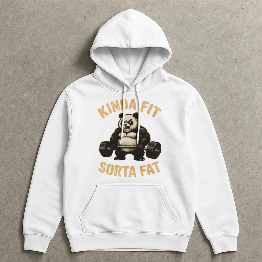 Funny Panda Gym Hoodie | Kinda Fit Sorta Fat Weightlifting Graphic | Premium Cotton Blend Crewneck | Workout Humor Gift for Lifters