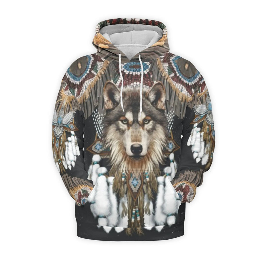 Wolf 3D Hoodie | Native American Inspired Headdress Design | Premium Polyester Brushed Fleece | Unique Animal Lover Gift for Men and Women