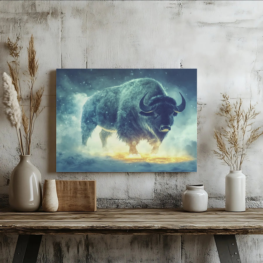 Majestic Bison Canvas Wall Art | Glowing Energy Mythical Animal Portrait | Premium Gallery Wrap 1.25" Frame | Western Home Office Decor Gift