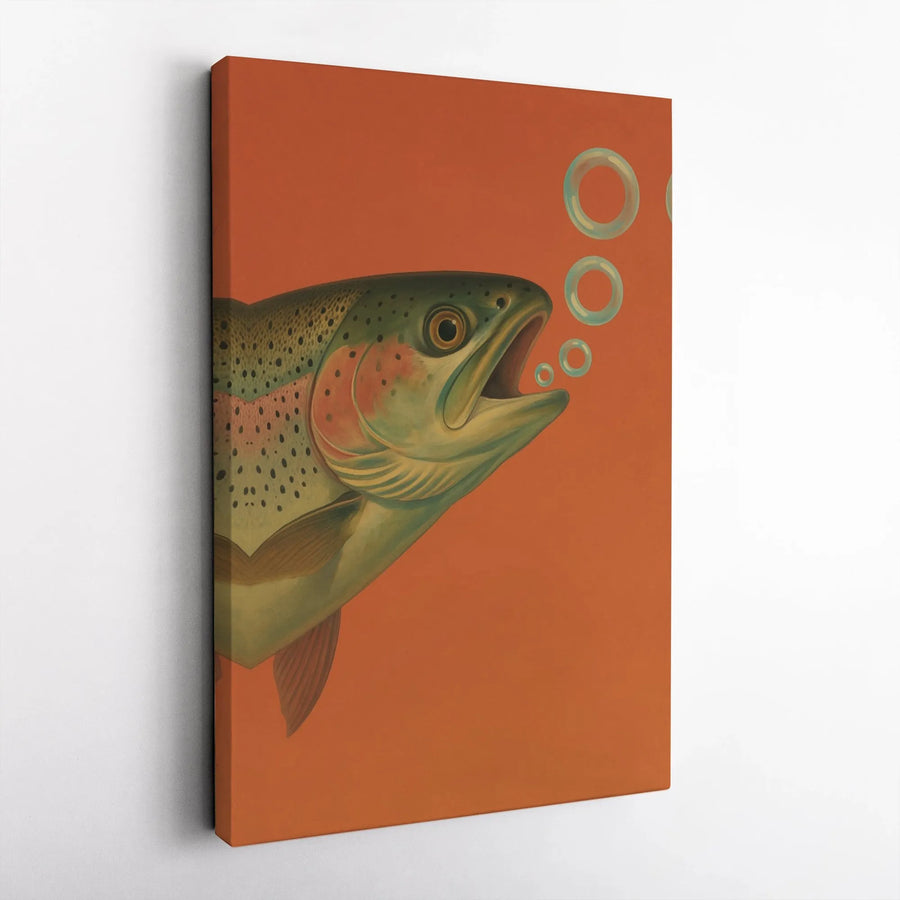 Rainbow Trout Canvas Art | Vintage Fish Illustration with Bubbles | Premium Gallery Wrap Wall Decor | Unique Gift for Fisherman & Anglers