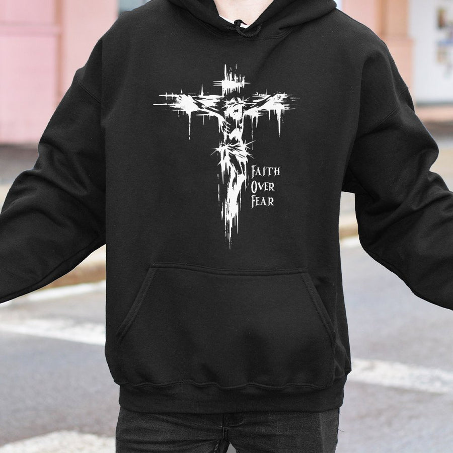 Faith Over Fear Hoodie | Distressed Jesus Cross Graphic | Premium Cotton Blend | Christian Religious Gift For Men And Women