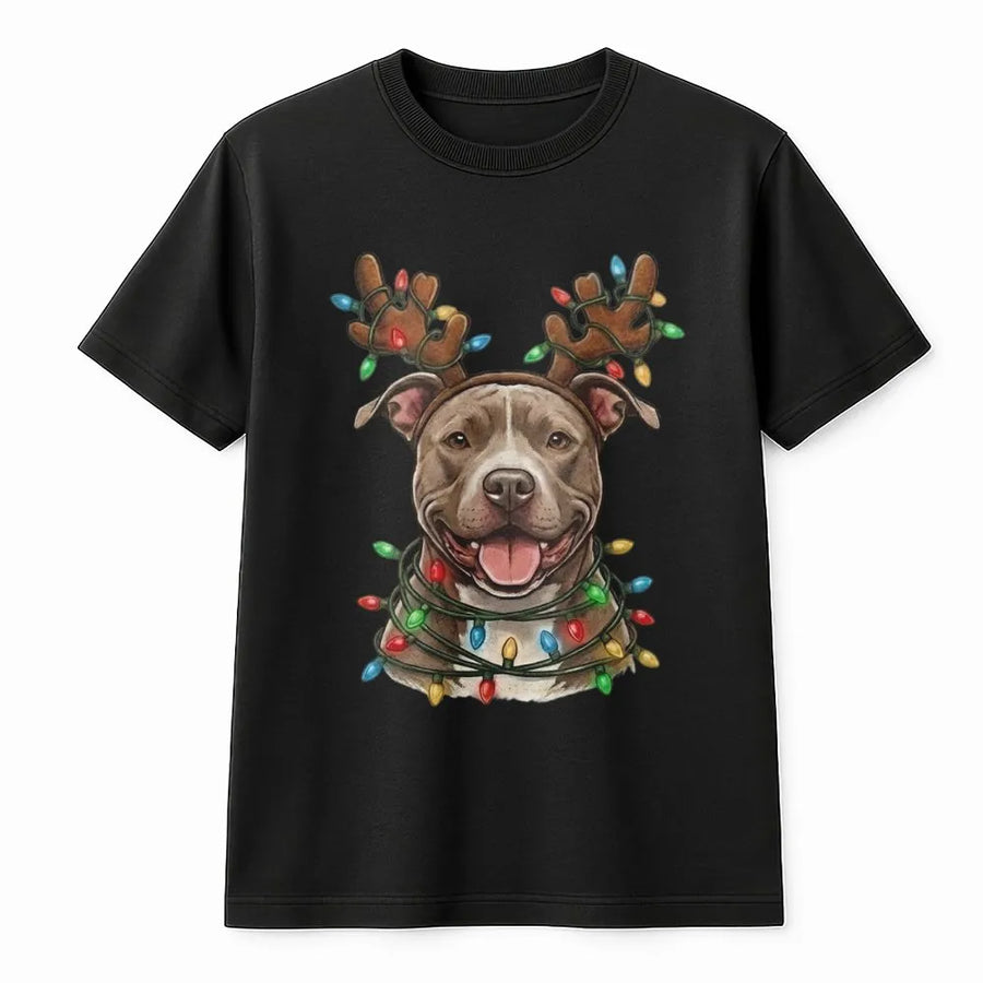 Pitbull Christmas T-Shirt | Reindeer Antlers & Holiday Lights Graphic | Premium Cotton Unisex Tee | Gift for Dog Mom & Dad Lovers